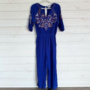 BODEN Natalie Embroidered Jumpsuit Romper Blue Size 12 Crop Pockets Boho